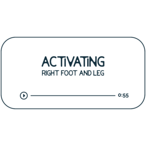 Audio file graphic for the right leg energy work session. It has a beige background and deep indigo colored text that reads "Activating: Right foot and leg" with a Play indicator button and indicator that it is 55 minutes long.