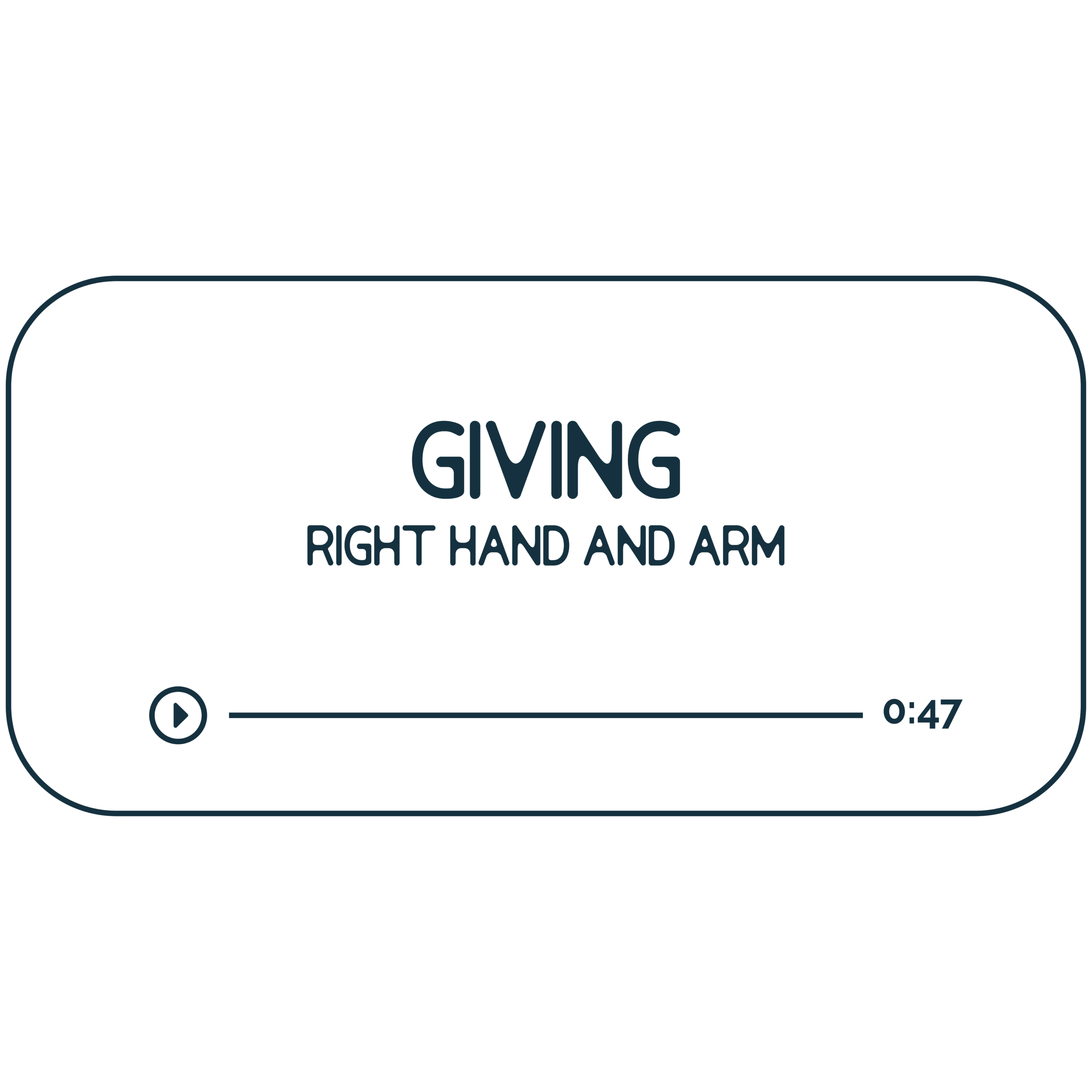 Audio file graphic for the right arm energy work session. It has a beige background and deep indigo colored text that reads "Giving: Right hand and arm" with a Play indicator button and indicator that it is 47 minutes long.