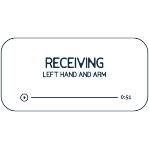 Audio file graphic for the left arm energy work session. It has a beige background and deep indigo colored text that reads "Receiving: Left hand and arm" with a Play indicator button and indicator that it is 51 minutes long.