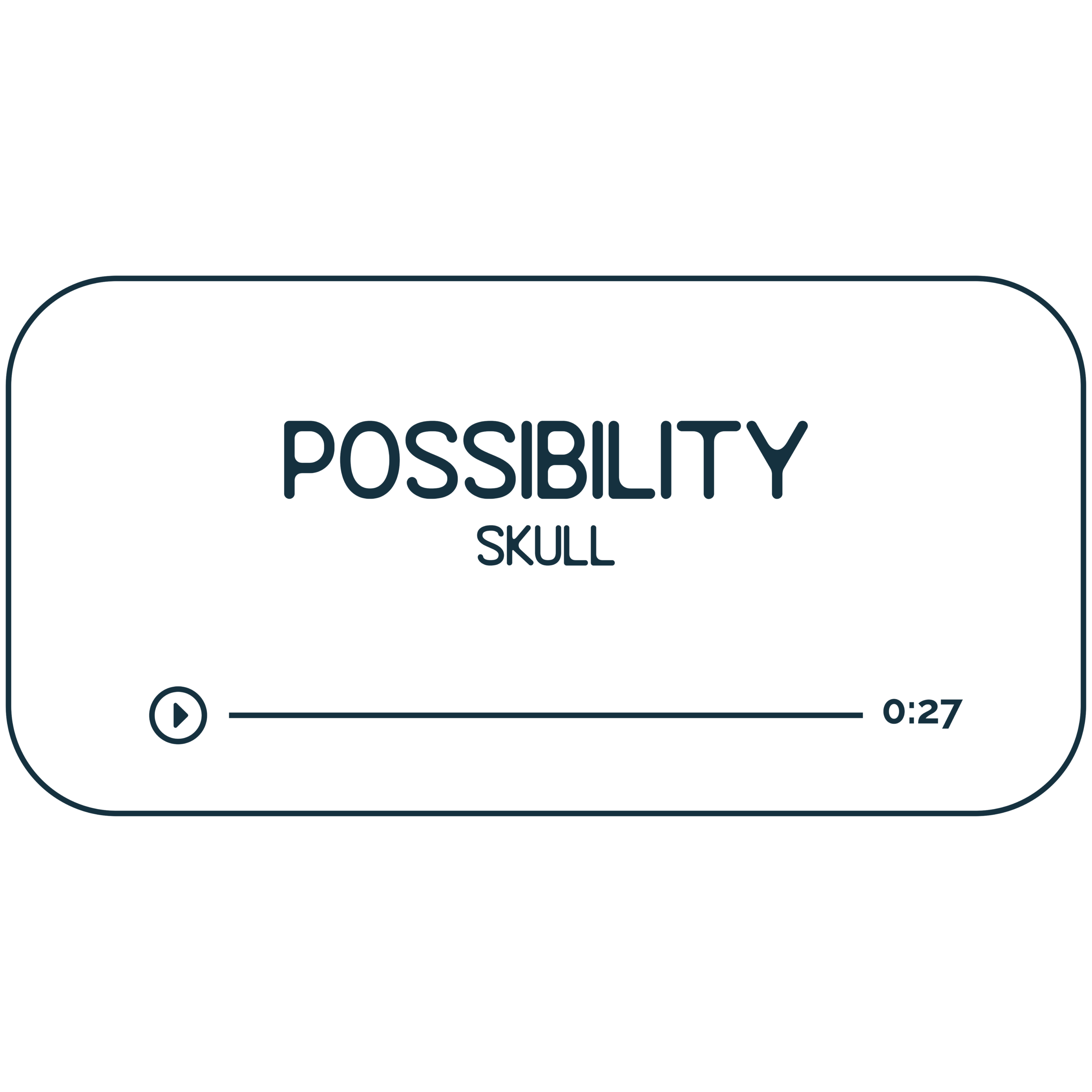Audio file graphic for the skull energy healing session. It has a beige background and deep indigo colored text that reads "Possibility Skull" with a Play indicator button and indicator that it is 30 minutes long.