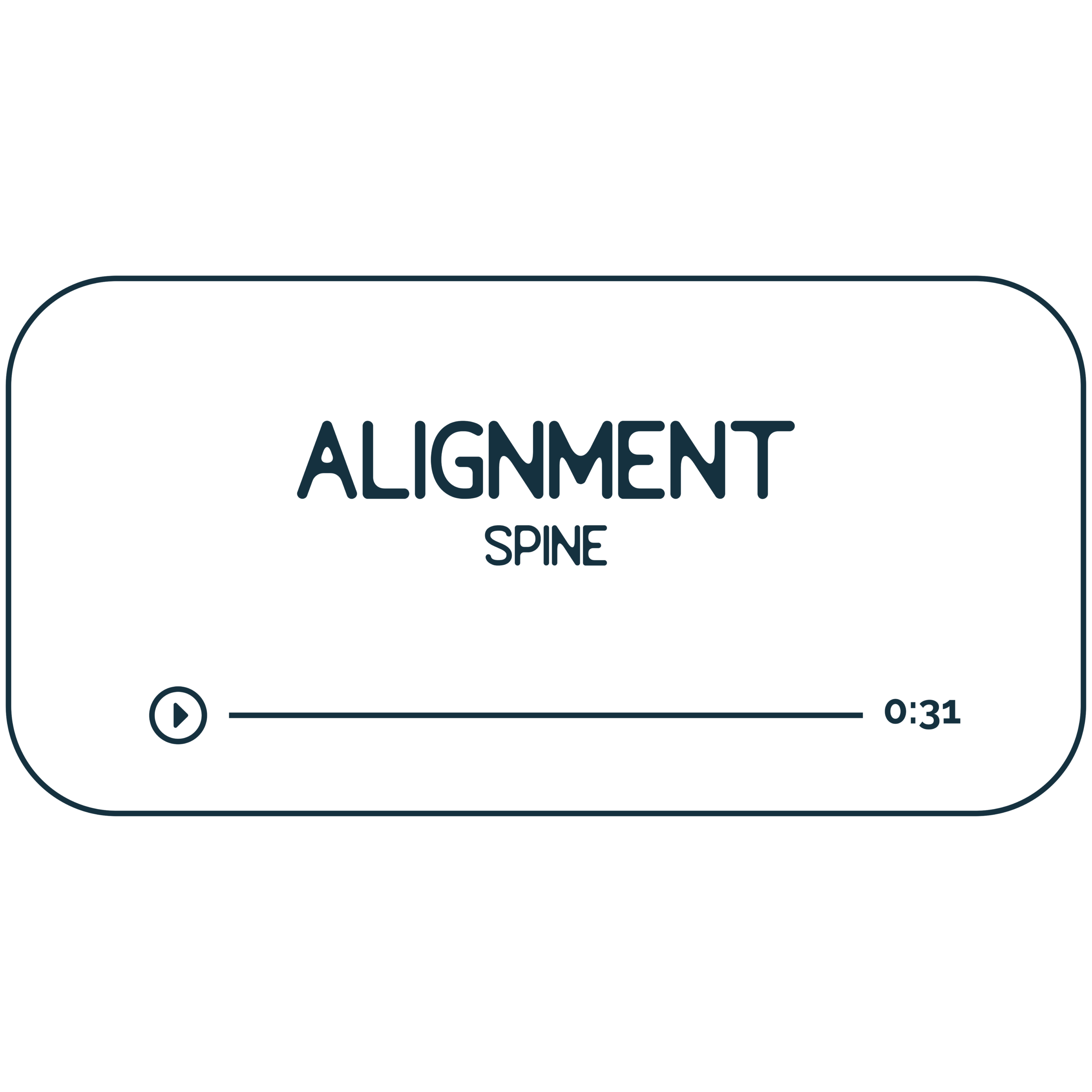 Audio file graphic for the spine energy healing session. It has a beige background and deep indigo colored text that reads "Alignment Spine" with a Play indicator button and indicator that it is 31 minutes long.