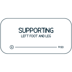 Audio file graphic for the left leg energy work session. It has a beige background and deep indigo colored text that reads "Supporting: Left foot and leg" with a Play indicator button and indicator that it is 53 minutes long.