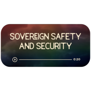 Audio file graphic for the sovereign safety and security energy work session. It has a dark rainbow background and white colored text that reads "Sovereign Safety and Security" with a Play indicator button and indicator that it is 20 minutes long.