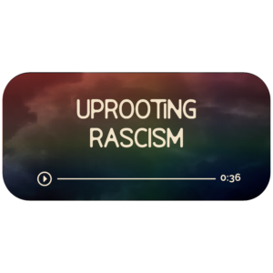 Audio file graphic for the Uprooting Racism energy healing session. It has a dark rainbow background and white colored text that reads "Uprooting Racism" with a Play indicator button and indicator that it is 36 minutes long.