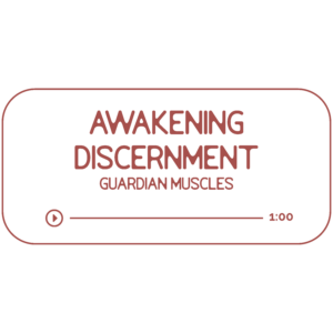 Audio file graphic for the guardian muscle energy work session. It has a beige background and rosebud colored text that reads “Awakening Discernment: Guardian muscles” with a Play indicator button and indicator that it is 60 minutes long.