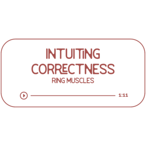 Audio file graphic for the primal muscle energy work session. It has a beige background and rosebud colored text that reads “Intuiting Correctness: ring muscles” with a Play indicator button and indicator that it is 61 minutes long.