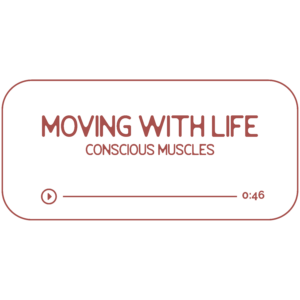 Audio file graphic for the skeletal muscle energy work session. It has a beige background and rosebud colored text that reads “Moving with Life: Conscious Muscles” with a Play indicator button and indicator that it is 46 minutes long.