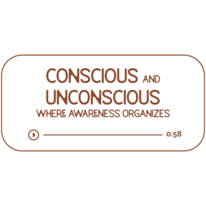 Audio file graphic for the conscious and unconsious energy work sessions. It has a transparent background and chestnut colored text that reads “Where Awareness Organizes” with a Play indicator button and indicator that it is 58 minutes long.