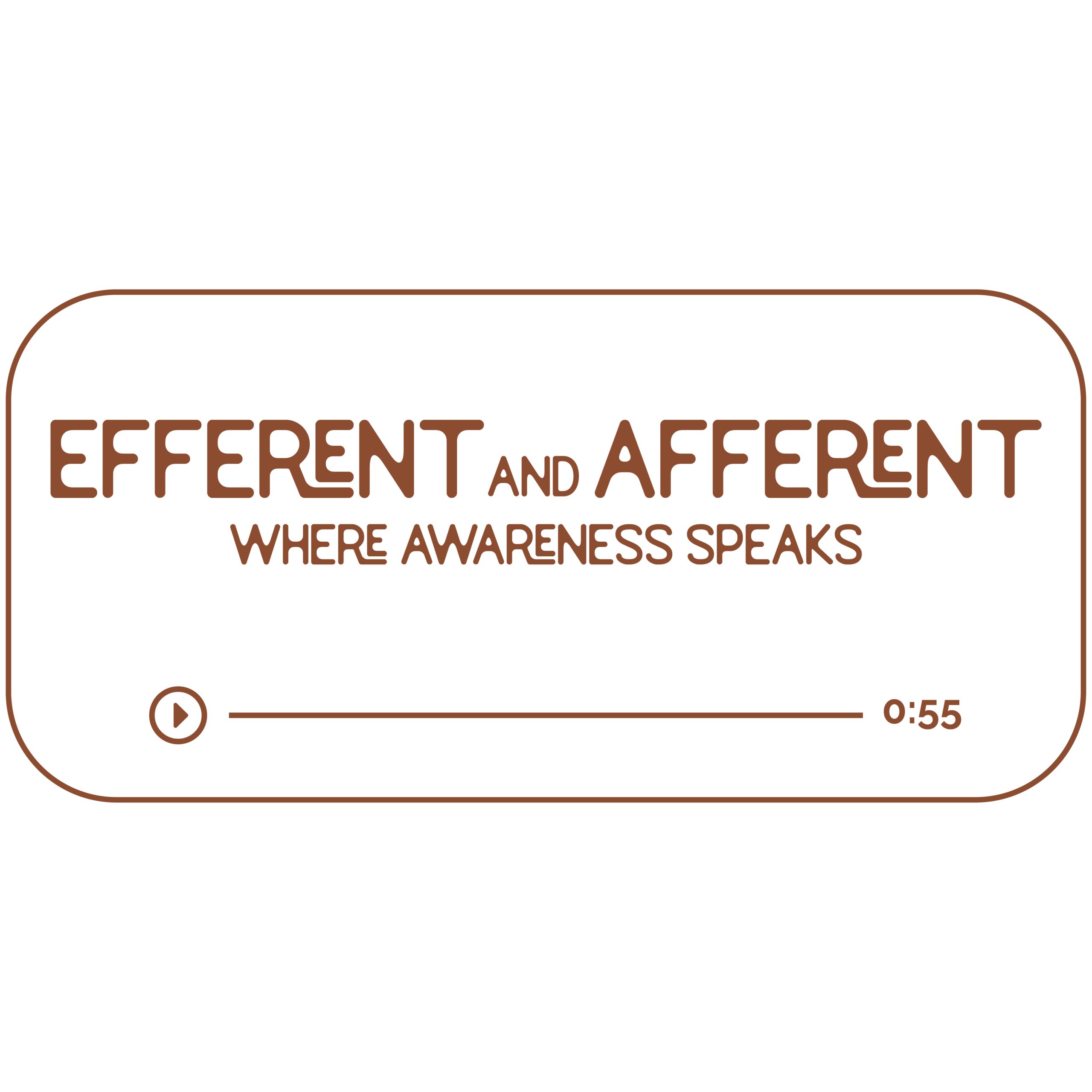 Audio file graphic for the efferent and afferent energy work sessions. It has a transparent background and chestnut colored text that reads “Where Awareness Speaks” with a Play indicator button and indicator that it is 55 minutes long.